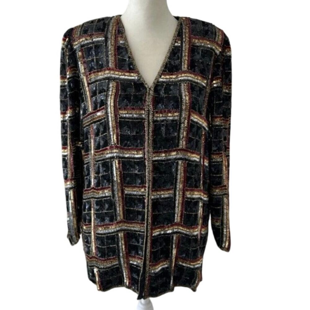 Vintage Temptations Silk Beaded Sequin Jacket Black Gold Evening Blazer M
